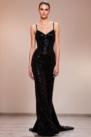 Sparkly Mermaid Black Spaghetti Straps Evening Dress